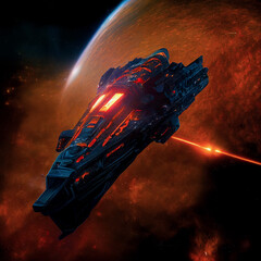 Wall Mural - abstract digital illustration of a futuristic gunboat in space, generative ai