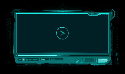 HUD video player screen interface. Futuristic ui of vector digital video player, hologram overlay screen with neon glowing frame border, play symbol, media control buttons and progress bar with slider