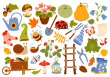 Cartoon Gnome, Elf And Dwarf Garden Tools, Animals And Plants. Vector Mushrooms, Fairy Lantern, Watering Can And Flowers, Spade, Wheelbarrow And Boots, Frog, Bee, Butterfly, Leaves, Pumpkin And Acorn