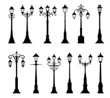 Isolated Vintage Lamppost, Streetlight Lamp, Streetlamp, Street Light And Lantern Vector Silhouettes. Old Streetlight Posts And Poles With Outdoor Electric Lamps For City Street And Road Illumination