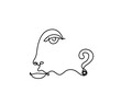 Woman silhouette face with question mark as line drawing picture on white