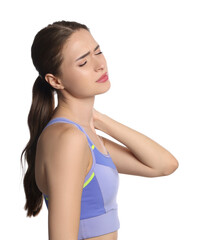 Sticker - Young woman suffering from neck pain on white background