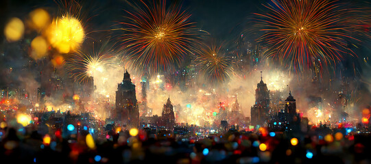 Happy new year celebration with fireworks over the city