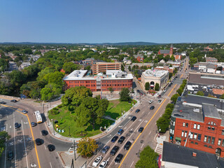 Watertown Square and Main Street aerial view in historic city center of Watertown, Massachusetts MA, USA. 