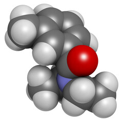 Poster - DEET insect repellent molecule. Used to protect against mosquitoes, chiggers, fleas, ticks, etc. Abbreviation for N,N-diethyl-meta-toluamide 3D rendering.