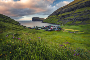 Amazing landscapes of the Faroe Islands captured in summer. Views of the island of Vagar