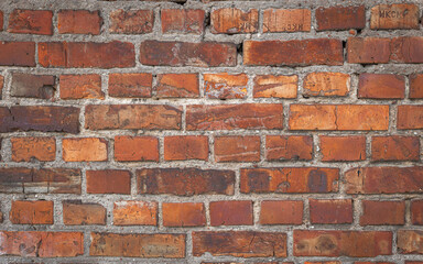 Poster - Old red brick wall grunge texture. Old cracked bricks wall with a weathered surface