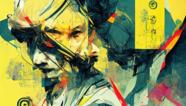 Abstract painting of human facial features on yellow background.