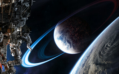 Wall Mural - deep space planets, orbiting space station. science fiction. elements of this image furnished by nas