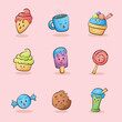 Cute cartoon snack food ice cream cookie cake candy beverage illustration set