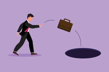 Wall Mural - Character flat drawing young businessman throws briefcase into hole. Failure to take advantage of business opportunities. Frustrated worker due to financial crisis. Cartoon design vector illustration