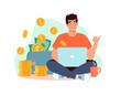 © Анна Канищева - Freelancer at the laptop, from which gold coins are pouring into a wallet with dollars. Rich man works at home. Boy and big income, earn money online. Vector illustration flat, isolated background