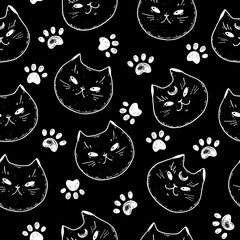 Magic cat head sketch. Seamless pattern. Halloween cat. Hand drawn vector illustration.