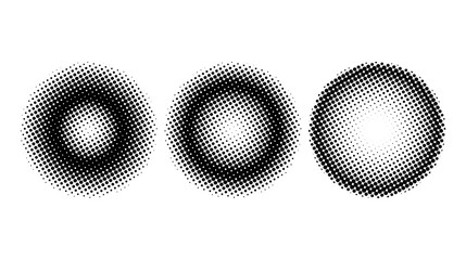 Poster - Halftone spheres set. Semitone dotted globes. Comic texture circles. Round gradient collection. Radial design elements. Pointed faded shapes. Abstract monochrome background.