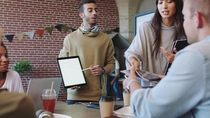 Poster - Manager, presentation and coaching with a digital tablet to a team in a marketing and advertising company office. Teamwork, collaboration and brainstorming with business research, strategy and goal