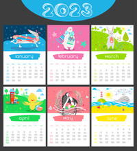 Cartoon Calendar 2023 Year. Seasonal Illustrations With Animals. Winter, Spring, Summer Vector Background. January, February, March, April, May, June. Childish Organizer, Vector Planner