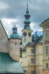 Clock tower of Town hall in Banska Stiavnica, Slovakia, Europe.