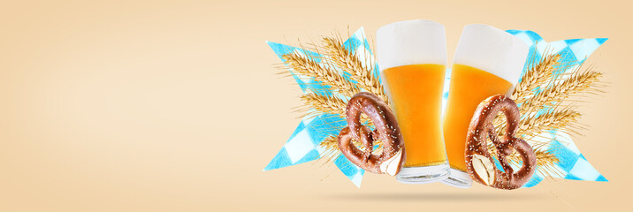 Wall Mural - Oktoberfest party background illustration with fresh lager beer, pretzel, sausage and blue and white party flag