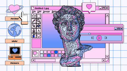 Retro user interface with graphic editor window box and icons. Y2K style collage in pastel colors.