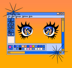 Poster - Retro user interface with graphic editor window and image of anime eyes. Vaporwave style illustration.