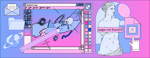 Wall Mural - Retro vaporwave user interface with modal dialog window box of a graphic design software and editor program and picture of a Venus statue in pastel cute colors.