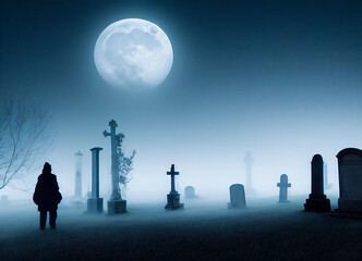 Silhouette of a man or ghost in a creepy old abandoned graveyard, with ancient graves, full moon and Halloween symbols