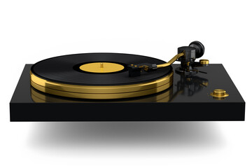 Vinyl record player or DJ turntable with retro vinyl disk on white background.