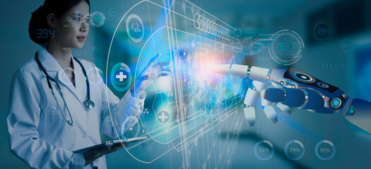 Medicine doctor using digital healthcare and network connection on hologram modern virtual screen interface icons, Medical technology futuristic concept.