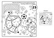 © oleon17 - Math addition game. Puzzle for kids. Maze. Coloring Page Outline Of cartoon duck or duckling with soccer ball. Football. Sport. Coloring Book for children.