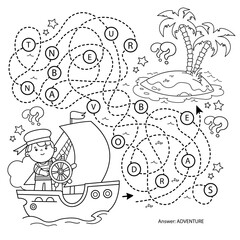 Wall Mural - Maze or Labyrinth Game. Puzzle. Tangled road. Coloring Page Outline Of cartoon sail ship with sailor. Sea travelling. Coloring book for kids.