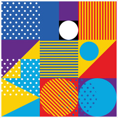 Poster - Full color backgrounds. Blue purple yellow red composed of geometric patterns such as circles, squares, rectangles, triangles, points and other geometric shapes
