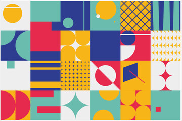 Poster - Full color backgrounds. Blue purple yellow pink composed of geometric patterns such as circles, squares, rectangles, triangles, nets and other geometric shapes