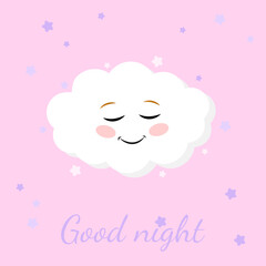 Wall Mural - Vector illustration of cute sleeping cloud. Cute cloud vector illustration drawing. Cartoon cloud with cute face, print or icon on pink background for baby shower.