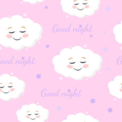 Wall Mural - Cute Simple Seamless Patterns with White Fluffy Smiling Clouds on a Light Pink Background. Simple Nursery Art for Baby Girl. Print with Clouds Isolated on a Pink background.