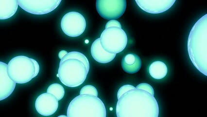 Poster - Abstract spheres flying towards the camera on a black background. Clip. Blue 3D flying circles or bubbles in the dark.