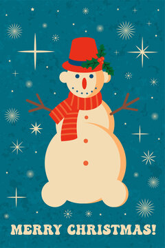 Retro vintage Christmas card with snowman. Groove Christmas card. illustration in retro style