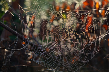 Wall Mural - A large spider web hangs between branches in autumn. You can see yellow leaves in the background. The net is covered with water droplets.