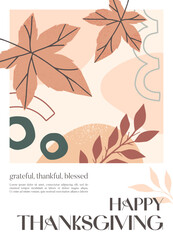 Wall Mural - Happy Thanksgiving Day creative poster with organic shapes,foliage and copy space for text.Modern autumn cover for invitations,social media marketing,placard,brochure.Trendy holiday background design.