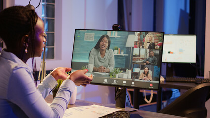 Poster - business woman meeting with colleagues on online videocall, talking to people on remote videoconfere