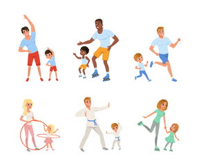 Wall Mural - Parents and kids doing sports together set, Mom and dad running, rollerblading, spinning hula hoop, doing karate, rollerblading with their children cartoon vector illustration