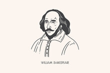 Black And White Portrait Of William Shakespeare. National Poet And Playwright Of England. Vector Illustration On A Light Isolated Background.
