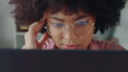 Sticker - Stress, laptop and woman with a headache working on creative digital marketing project in her office. Professional african girl planning web design strategy report on computer with technology glitch.