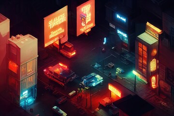 Wall Mural - Isometric neon night city. City navigation, street map. Dark streets, illuminated signs, advertising, city roads and buildings. 3D illustration