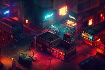 Isometric neon night city. City navigation, street map. Dark streets, illuminated signs, advertising, city roads and buildings. 3D illustration