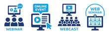 Webinar Icon Set. Web Seminar Or Online Event Symbol. Webcast Sign Vector Illustration. Business Training Concept.