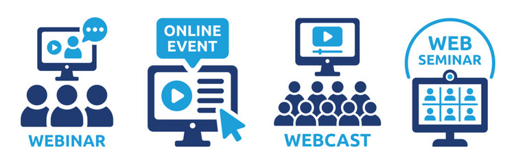 Wall Mural - Webinar icon set. Web seminar or online event symbol. Webcast sign vector illustration. Business training concept.