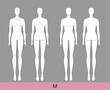 M Size Women Fashion template 9 nine head Croquis Lady with and without main lines model skinny body figure front back view. Vector isolated outline sketch girl for Fashion Design, Illustration