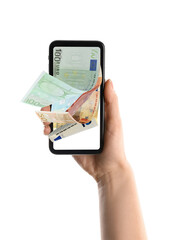 Wall Mural - Woman holding smartphone with euro banknotes on white background, closeup