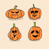 Fototapeta Dinusie - Hand-drawn pumpkins with faces - Happy Halloween