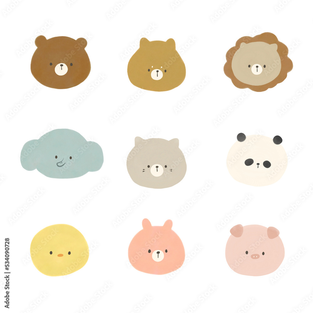 手描きイラスト 動物の顔 かわいい動物の顔 手描きイラスト素材セット の Stock イラスト